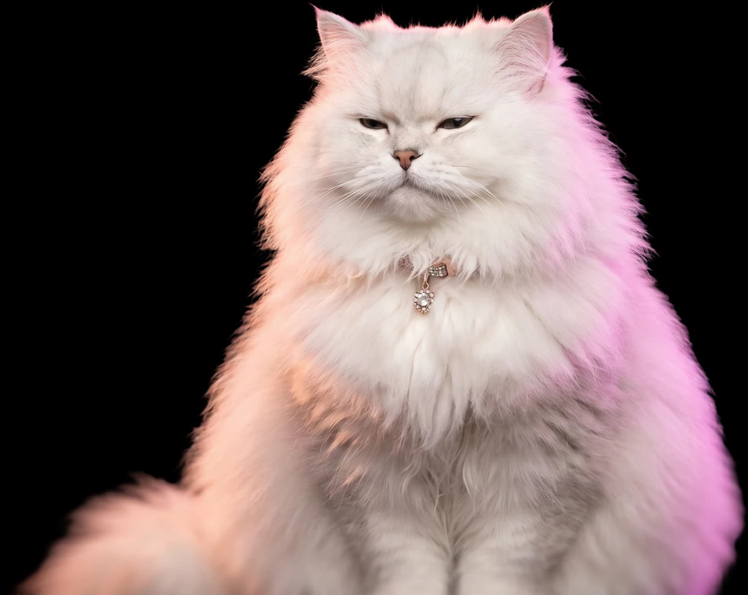 A serene, impossibly fluffy white cat — the spirit of Mimoo